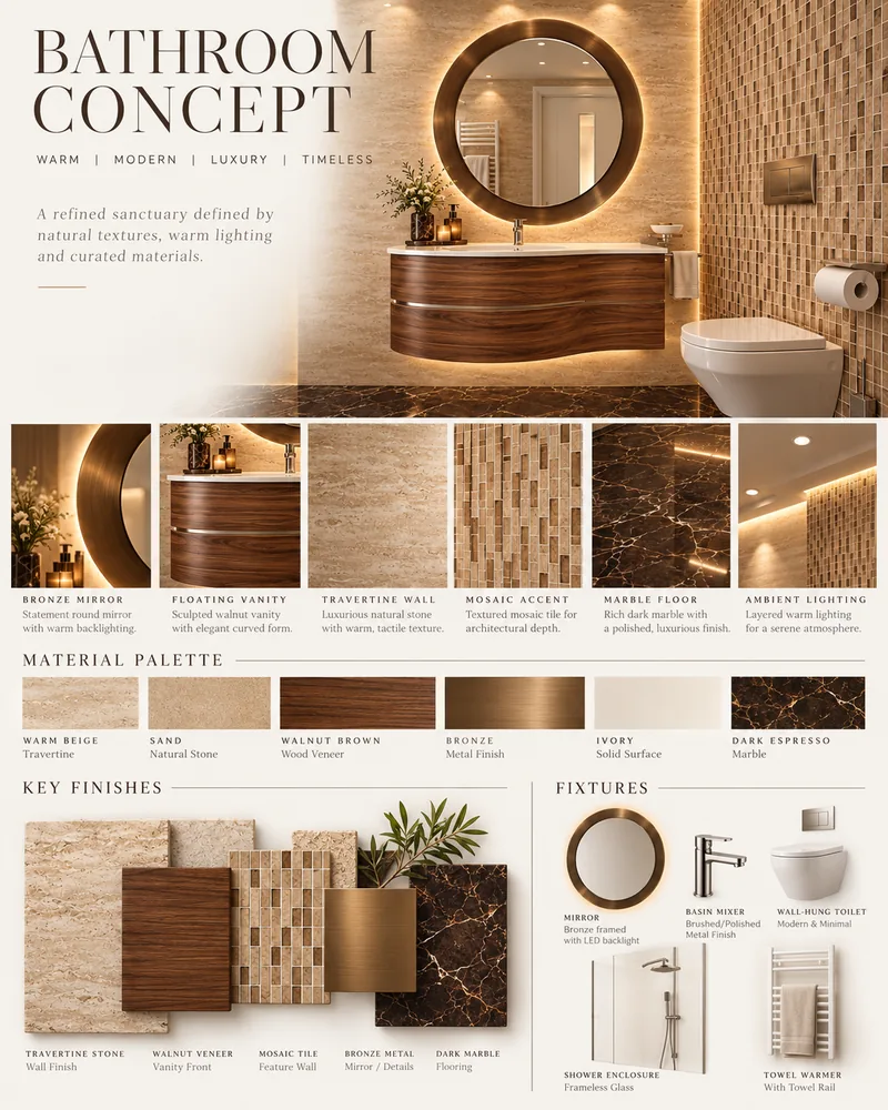 Ground-floor bathroom board with bronze round mirror, walnut floating vanity, mosaic accent and dark marble floor