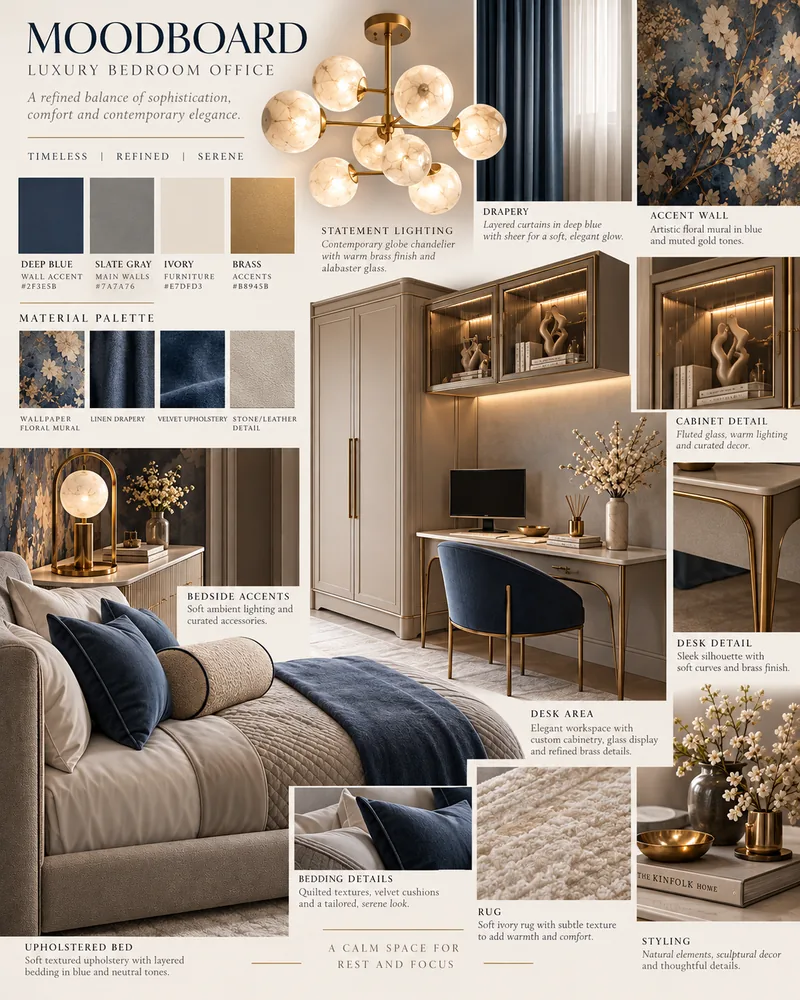 Bedroom office moodboard in navy and ivory with floral mural, alabaster chandelier, desk and lit glass cabinets