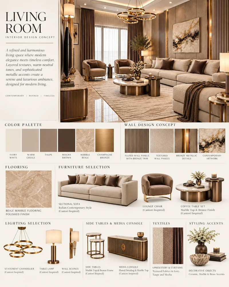 Living room concept board with sectional sofa, lounge chair, drum coffee tables, ring chandelier and material swatches
