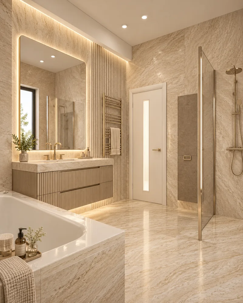Bathroom with travertine-look walls, fluted oak-tone vanity, backlit mirror, walk-in shower and stone-clad bathtub