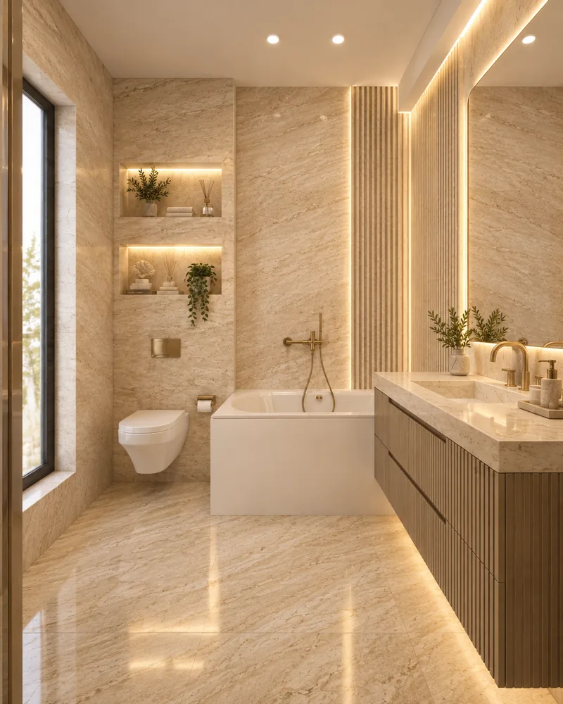 Bathroom with built-in bathtub, lit wall niches, wall-hung WC and floating fluted vanity in warm stone tones
