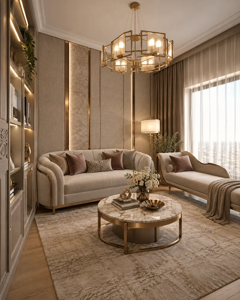 Study lounge with a curved sofa and brass-framed chaise longue by the window, designer furniture for reading