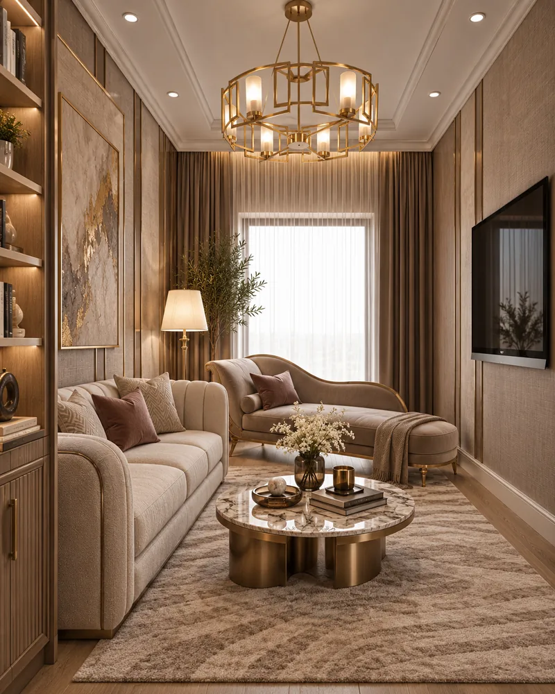 Study with curved linen sofa, chaise longue, marble coffee table, lit bookshelves and brass lantern chandelier