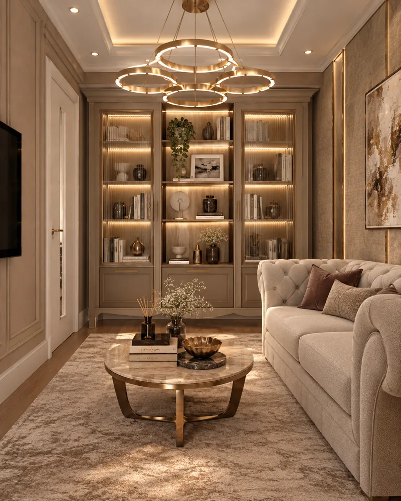 Study with lit glass-front bookcase, tufted ivory sofa, marble coffee table and tiered brass ring chandelier