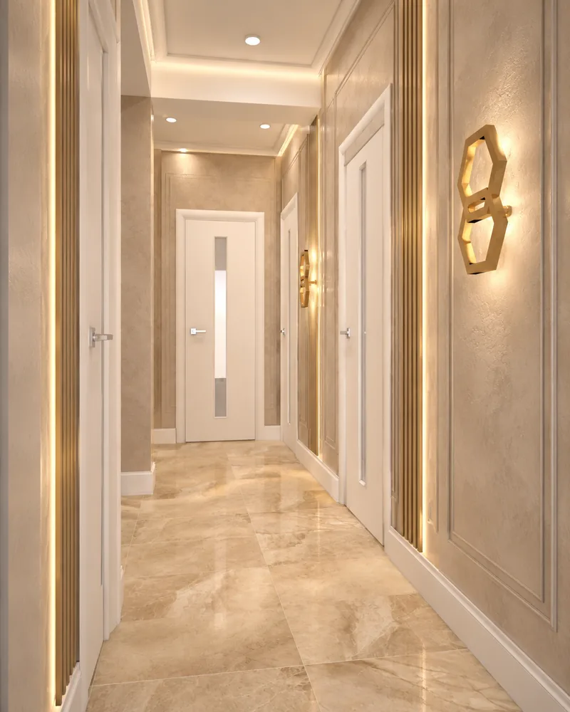Upper hall corridor with white doors, moulded plaster walls, brass hexagon sconce and backlit fluted strips