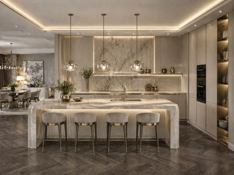 Contemporary luxury kitchen with marble island, upholstered bar stools and glass pendant lamps