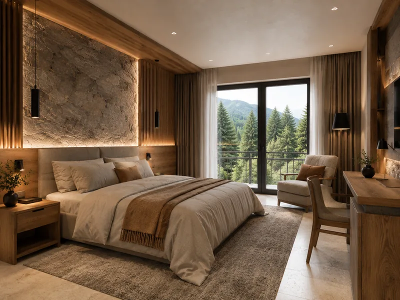 Guesthouse room with stone headboard wall, oak furniture, linen bedding, armchair and a window to the pines