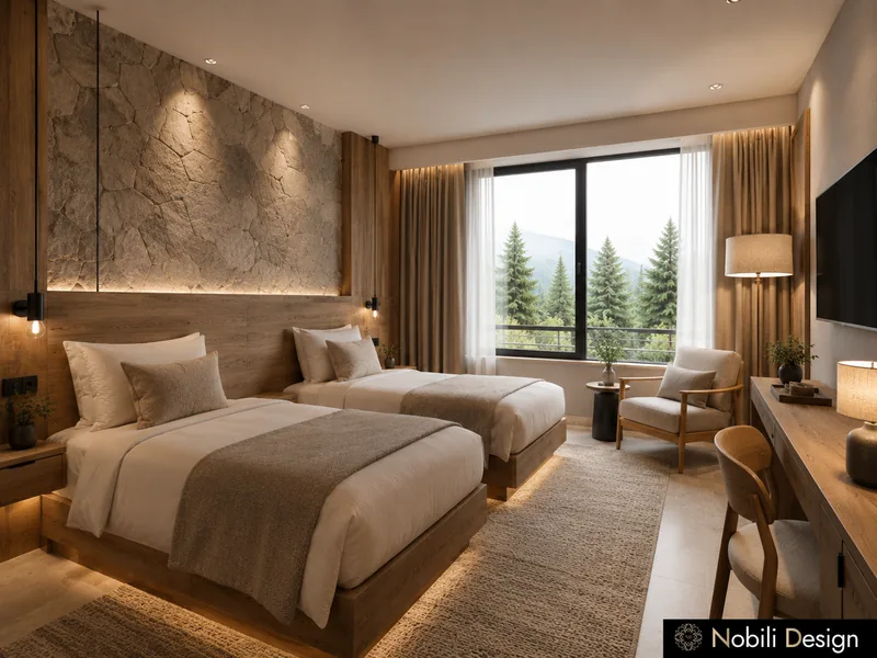 Guesthouse twin room with stone wall, two beds with taupe throws, writing desk and a view of the pine forest
