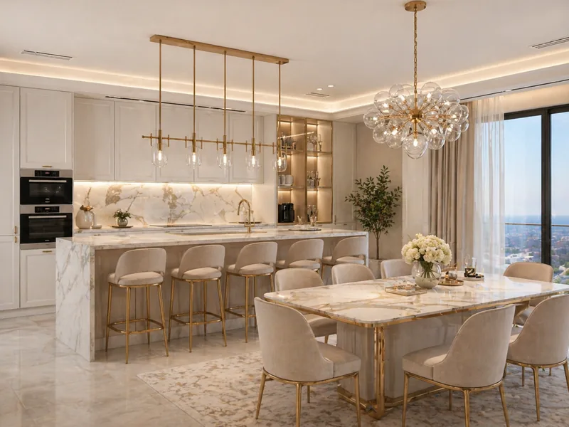 Contemporary penthouse kitchen with marble island, gold-framed stools and a marble dining table