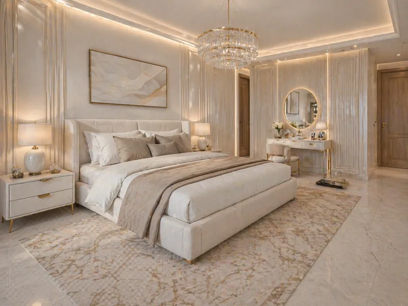 Contemporary penthouse master bedroom with cream upholstered bed, crystal chandelier and dressing table