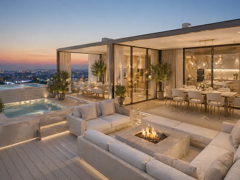 Penthouse roof terrace with sunken lounge, fire pit, lit pool and outdoor dining under a pergola