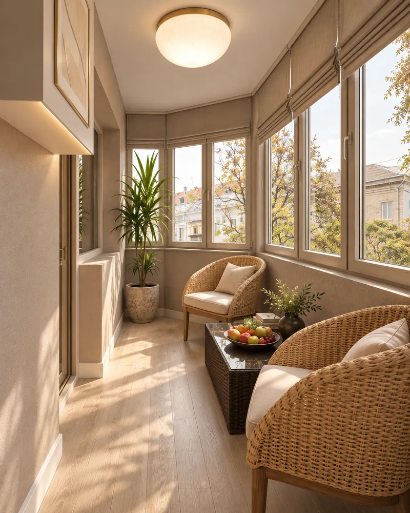 Enclosed balcony with bay windows, rattan armchair pair, wicker coffee table, potted palm and opal ceiling light