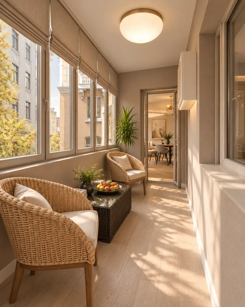 Enclosed balcony with two rattan armchairs, wicker side table, roman blinds and a glazed door to the dining area