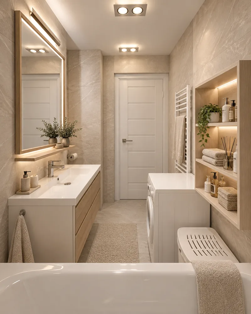 Bathroom with oak vanity and white basin, backlit oak-framed mirror, lit oak shelving, washing machine and towel rail