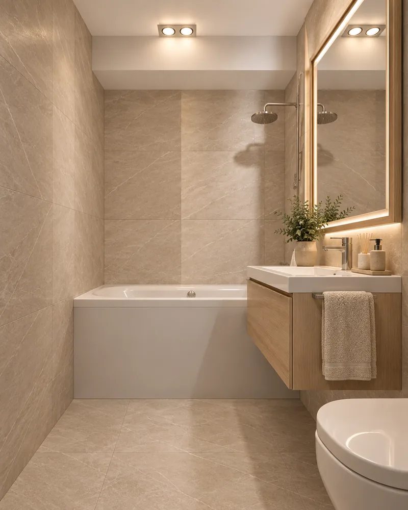 Bathroom with panelled bathtub, wall-mounted rain shower, floating oak vanity and large beige stone-look tiles