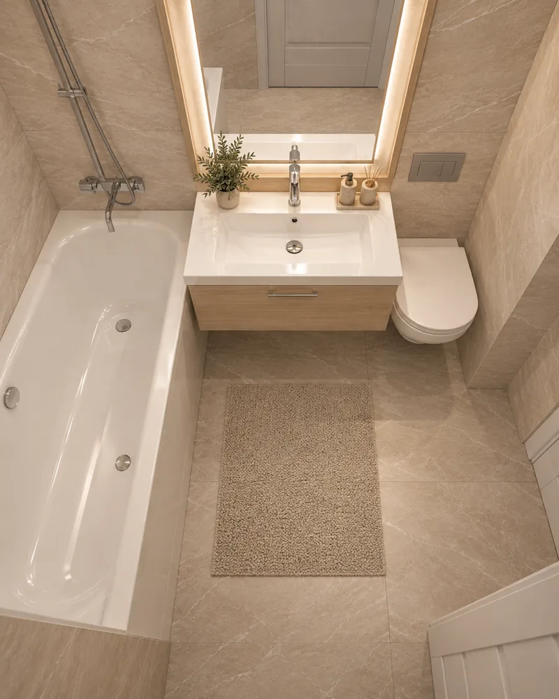 Bathroom seen from above, with built-in bathtub, oak vanity under a backlit mirror, wall-hung WC and beige bath mat