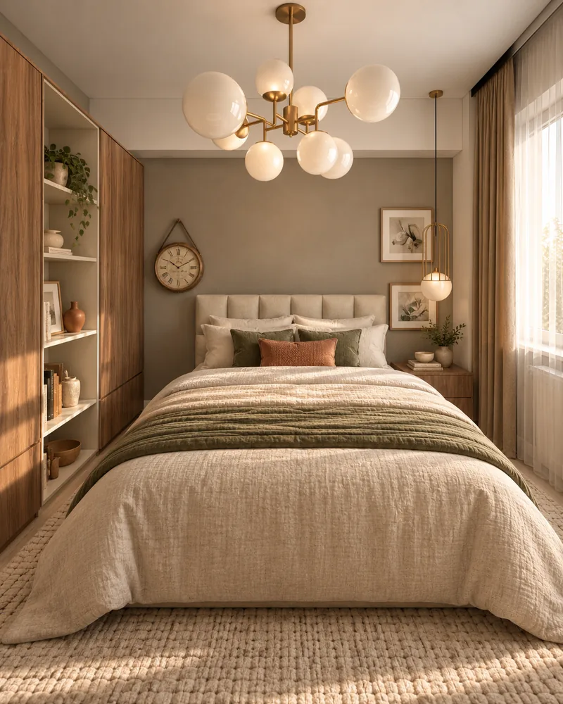 Child's bedroom with channel-tufted headboard, olive throw, walnut wardrobes with open shelving and brass globe chandelier