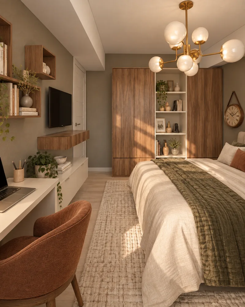 Child's bedroom study corner with white desk, rust upholstered chair, walnut box shelves and walnut wardrobe pair