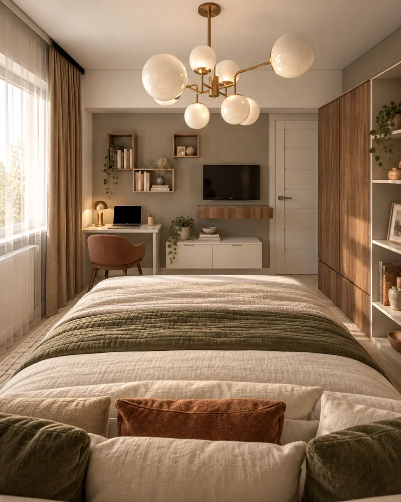 Child's bedroom from the headboard, with linen bedding, desk under wall shelves, TV and walnut wardrobes with shelving