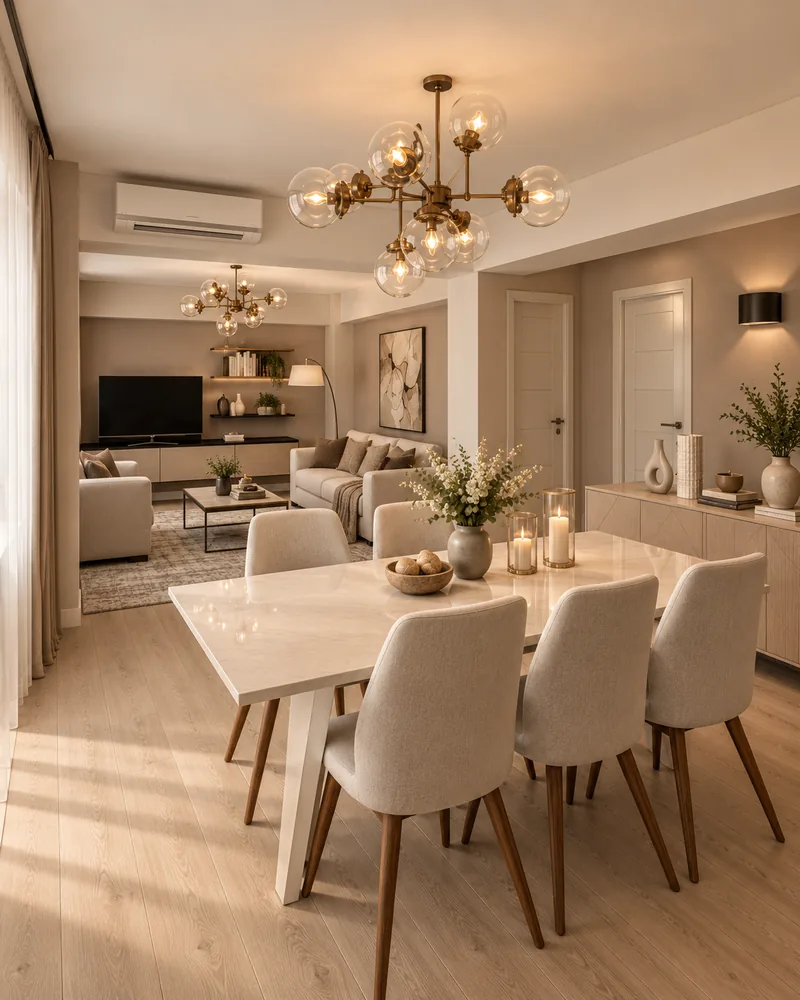 Dining area with white stone-look table, oatmeal chairs on walnut legs, glass globe chandelier and oak sideboard