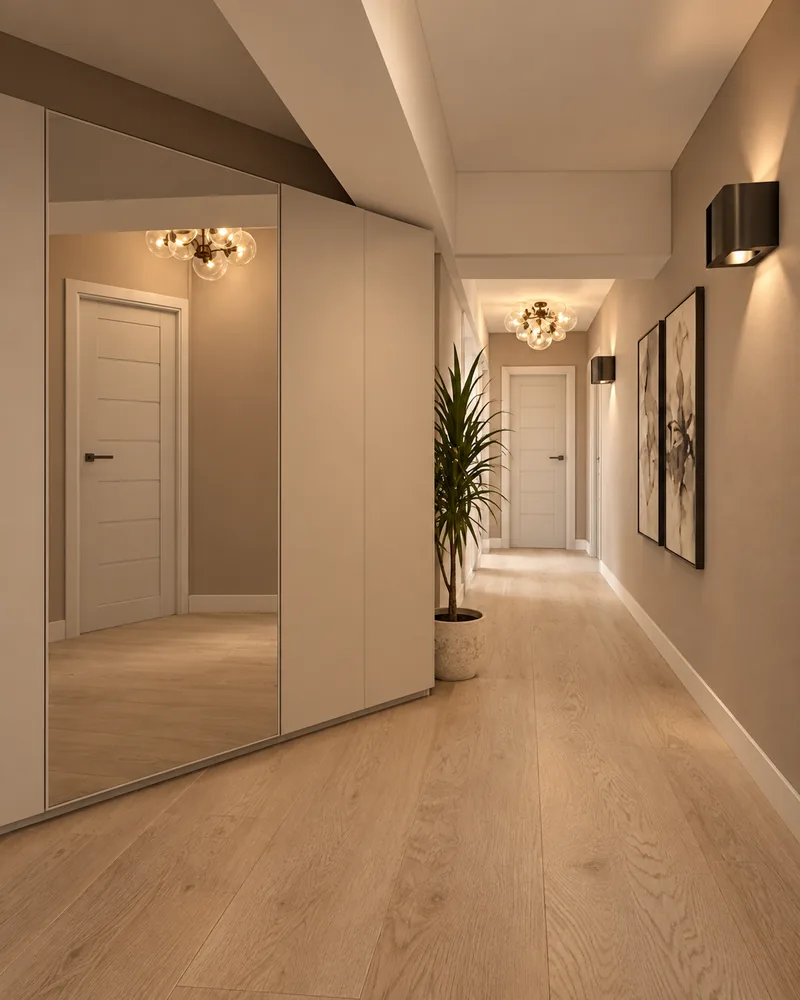 Hallway with mirrored wardrobe, long light oak floor, dark cube wall sconces, framed abstract prints and white doors