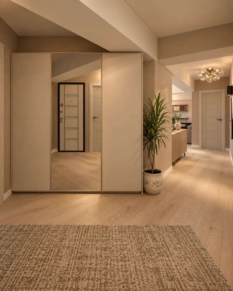 Entrance hall with tall cream wardrobe and full-length mirror door, light oak floor, textured rug and potted palm