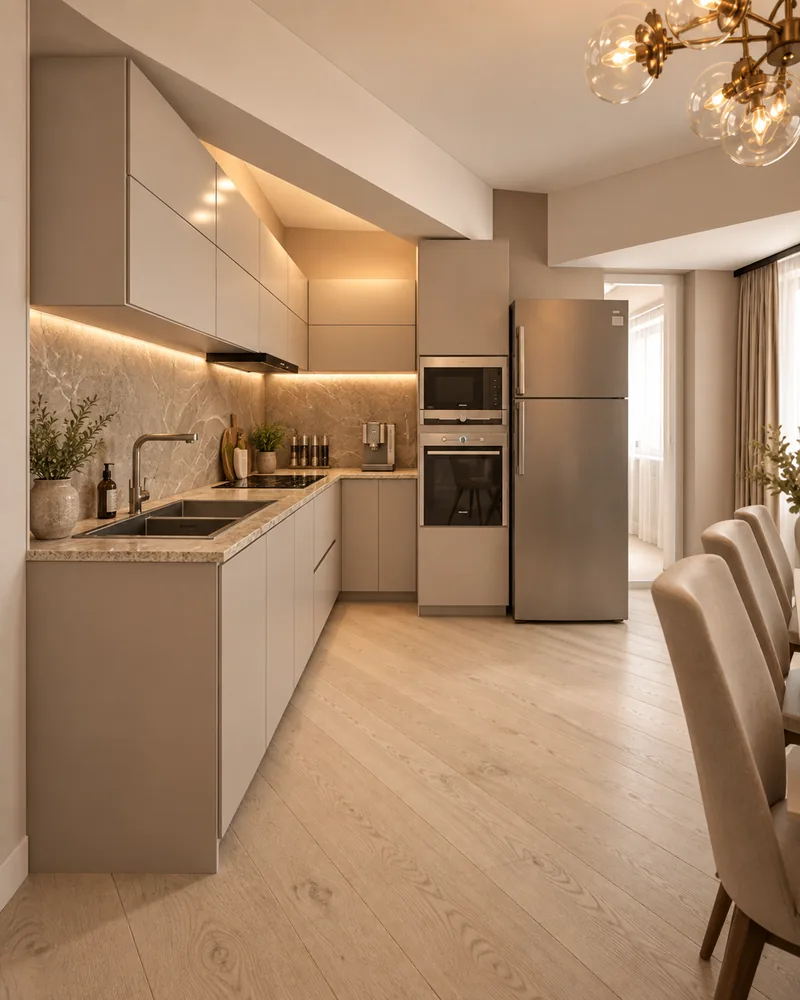 Kitchen with greige handleless cabinets and a lit stone splashback, luxury interior design studio concept
