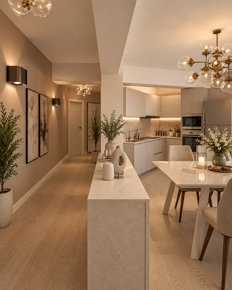 Kitchen and dining zone seen from the corridor, with stone-clad partition console, black wall sconces and framed art