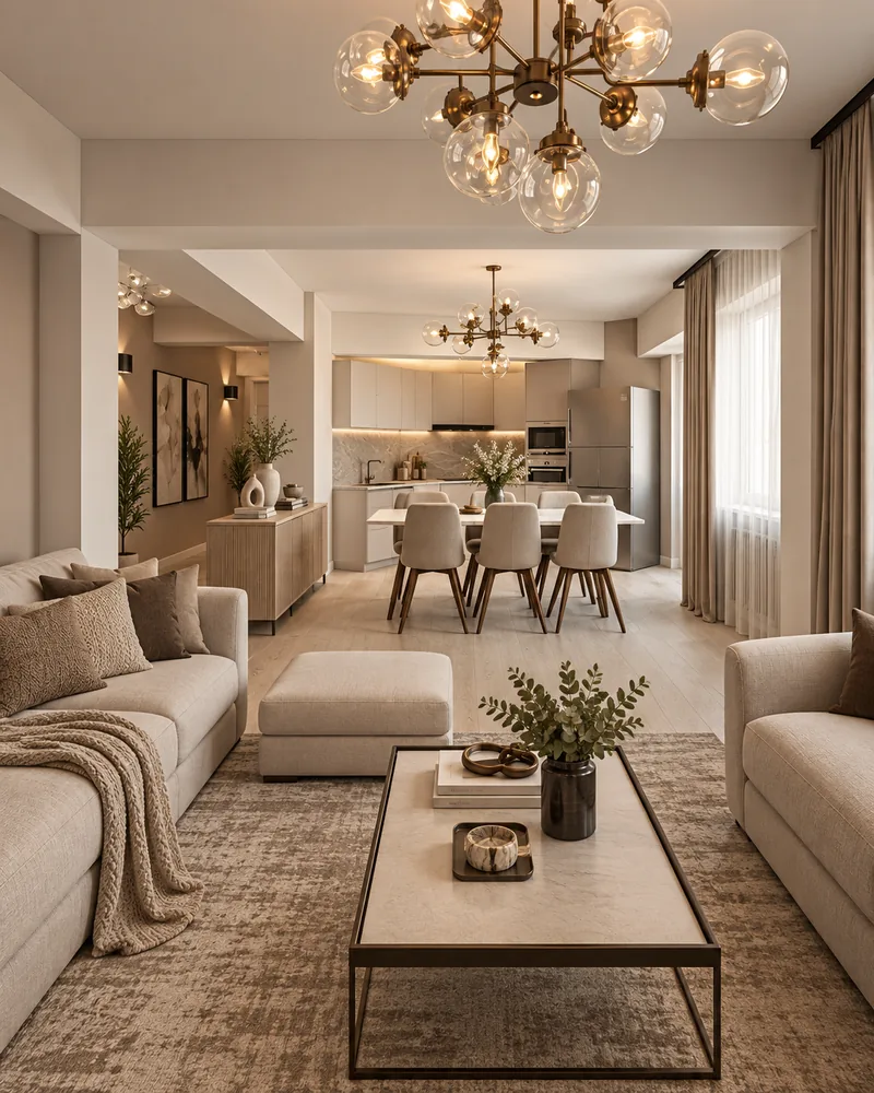Living room with oatmeal sofas and a glass globe chandelier, contemporary luxury interior design in greige