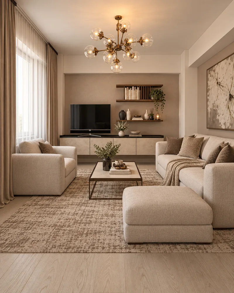 Living room with oatmeal sectional and ottoman, armchair, bronze bubble chandelier, stone-look TV unit and oak floor