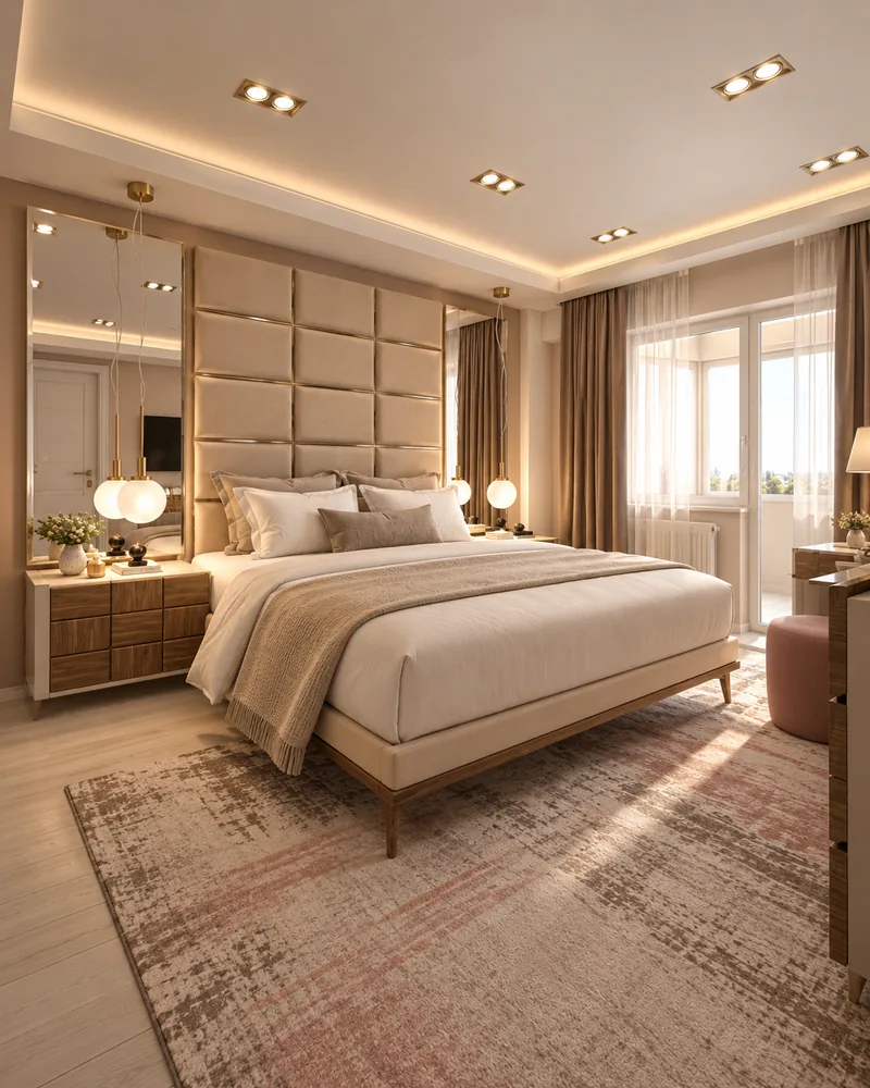 Master bedroom with padded headboard wall framed by tall mirrors, ribbed walnut nightstands and cove-lit ceiling