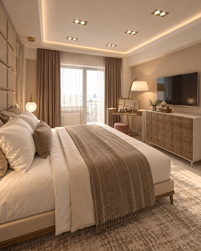 Master bedroom with full-height upholstered headboard wall, glass globe pendant, dressing table and walnut chest with TV