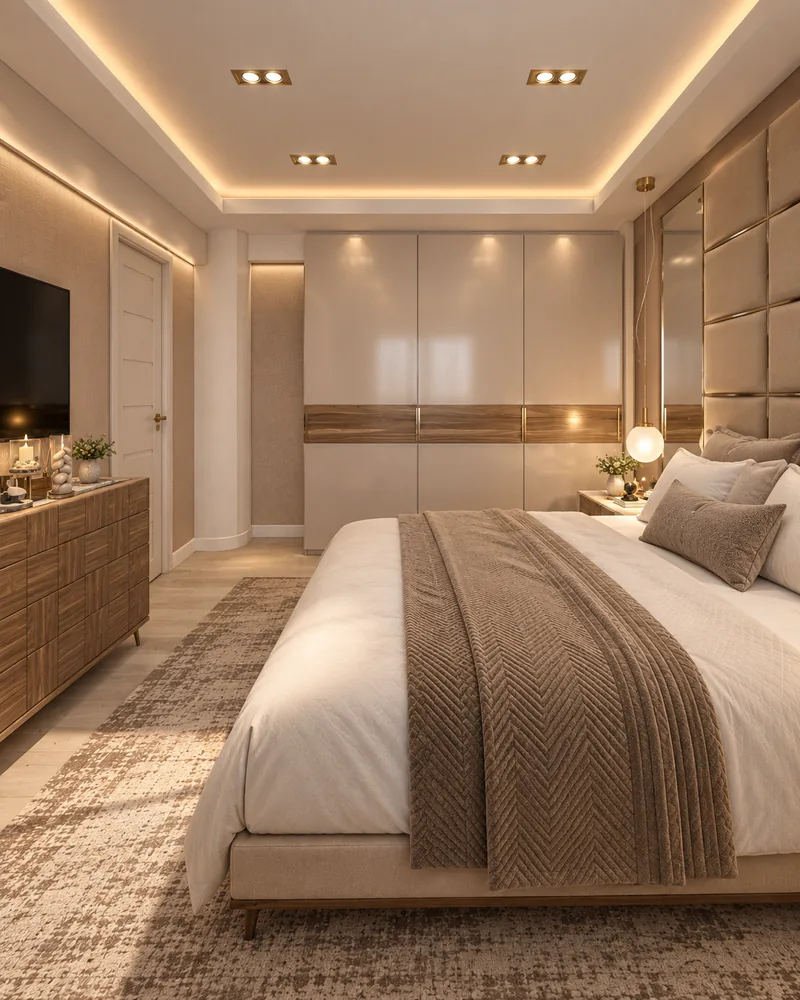 Master bedroom with sliding wardrobe in cream gloss and walnut band, ribbed walnut dresser and cove-lit ceiling