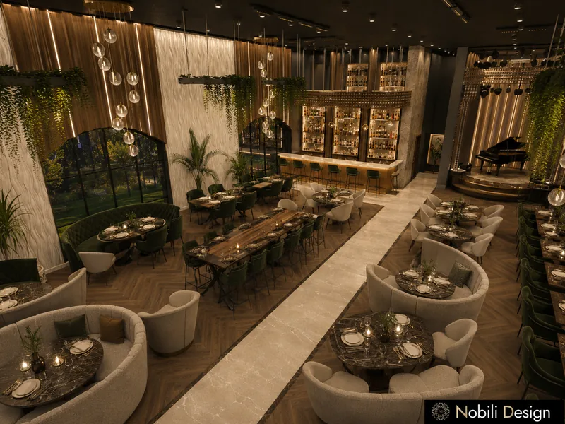 Event venue interior design seen from above with long tables, curved booths, a lit bar and a grand piano