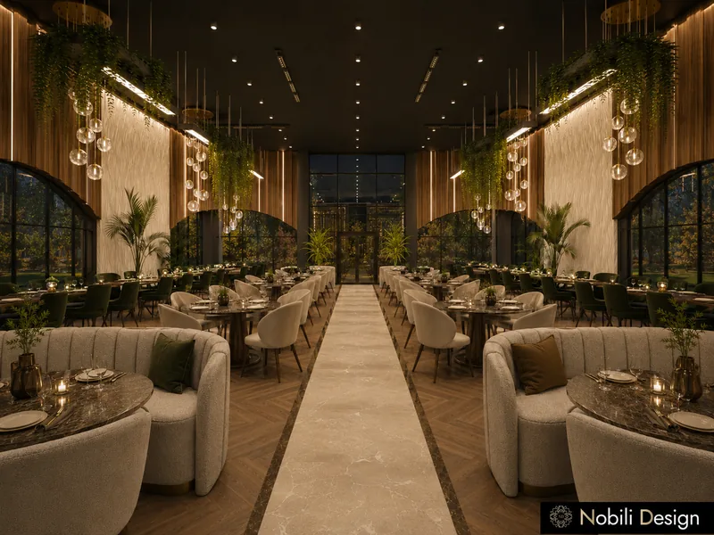 Contemporary event hall interior design with curved booths, dark marble tables and hanging plants