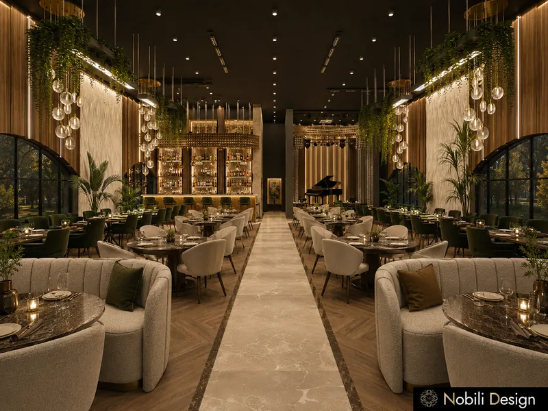 Contemporary event venue bar with a grand piano, curved booths and green velvet chairs