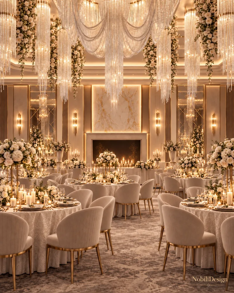 Ballroom with draped crystal chandelier, candlelit banquet tables, marble feature panel and mirrored wall sections