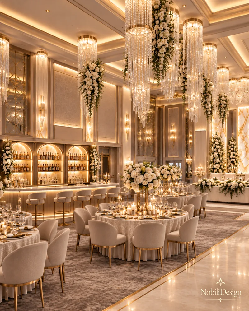 Ballroom bar with arched backlit bottle niches, marble counter, cream bar stools and banquet tables under crystal chandeliers