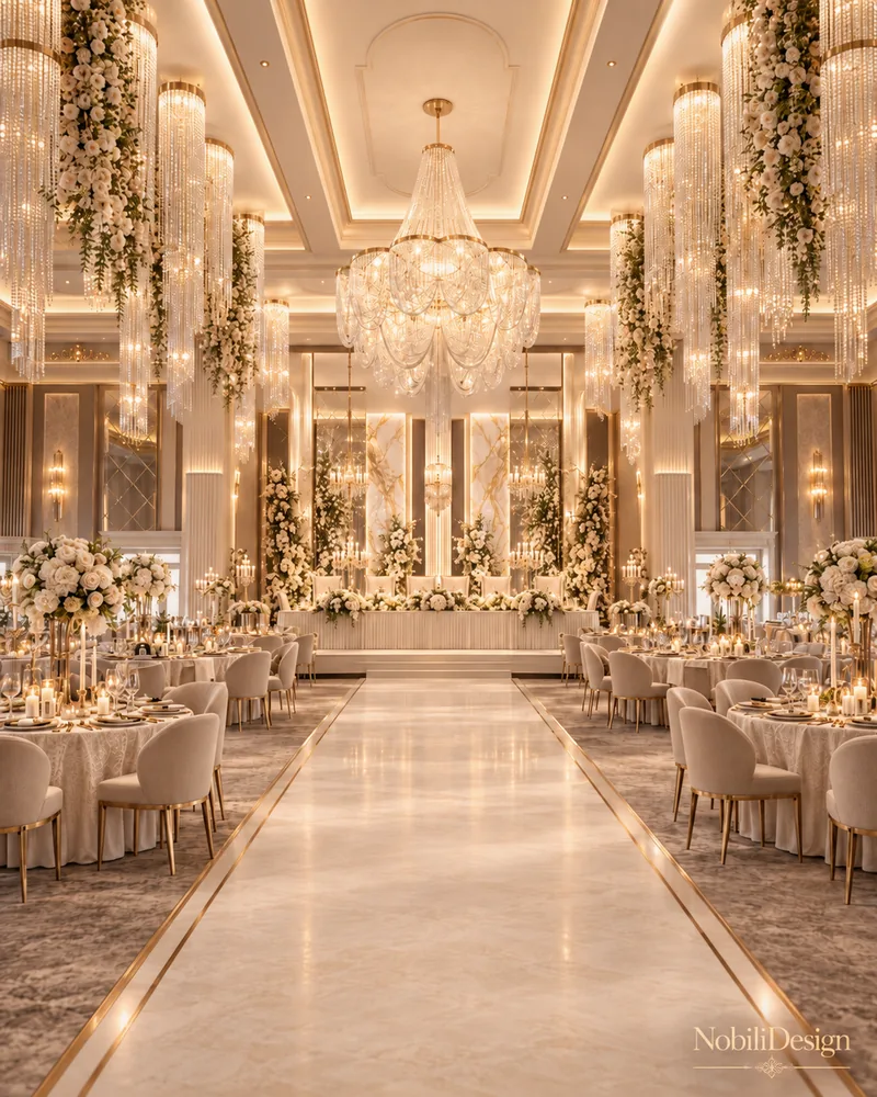 Ballroom aisle in polished marble with brass inlay leading to a floral head table under a tiered crystal chandelier