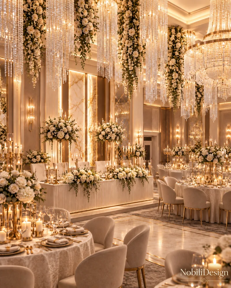 Ballroom head table with fluted front draped in white roses, gold candelabra, floral cascades and crystal strand chandeliers