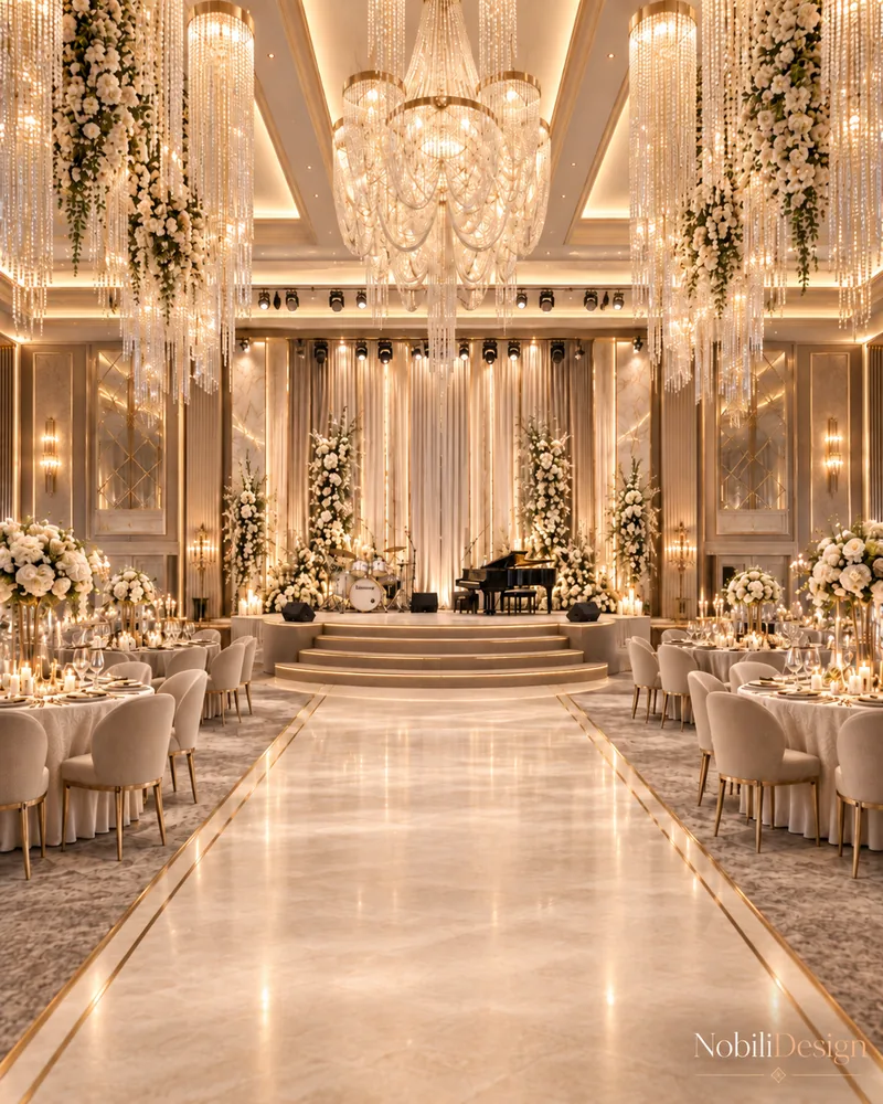 Event stage with lighting rig, black grand piano, drum set, cream curtains and floral columns facing banquet tables
