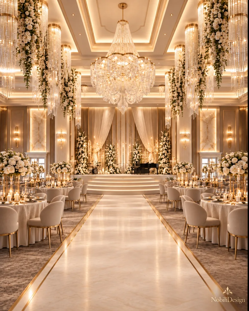 Ballroom stage with stepped platform, grand piano, drum kit, sheer drapes and floral towers at the end of a marble aisle