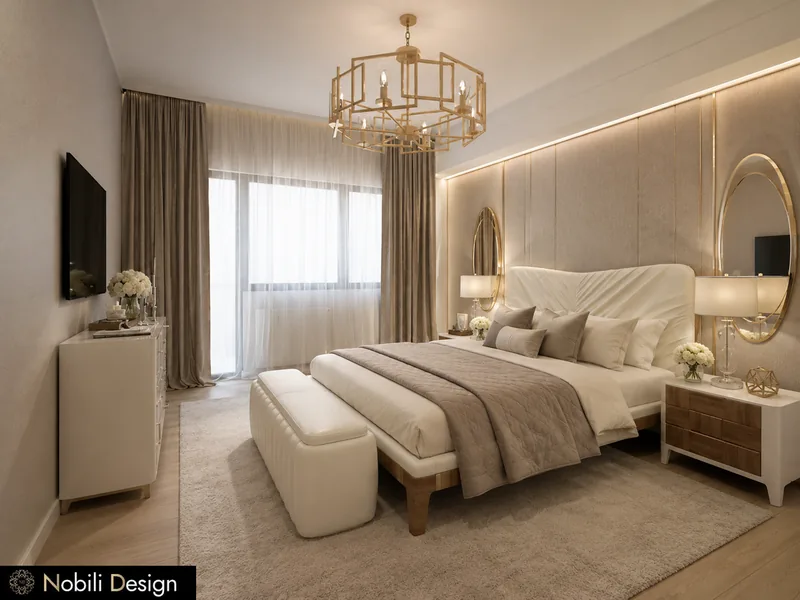 Chambre deluxe d'hôtel avec tête de lit plissée ivoire, lustre lanterne doré, miroirs ovales dorés et banc ivoire