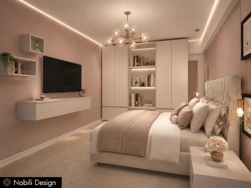 Chambre d'hôtel avec tête de lit capitonnée, suspension cage en laiton, console TV suspendue et étagères murales au-dessus