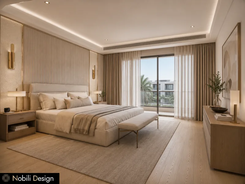 Chambre double d'hôtel avec lit rembourré, mur en chêne cannelé, appliques en laiton, banc et porte vitrée sur le balcon