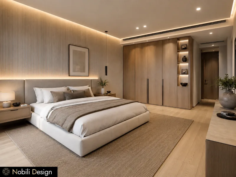 Chambre d'hôtel avec mur de tête de lit cannelé, éclairage en gorge, mur d'armoires en chêne et table de chevet suspendue en chêne