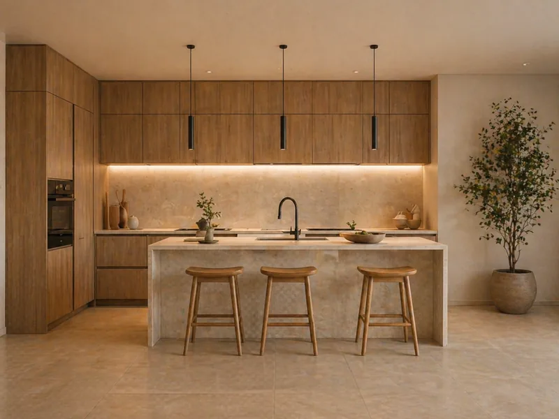 Japandi kitchen with oak cabinets, stone island, three oak bar stools and slim black pendant lights