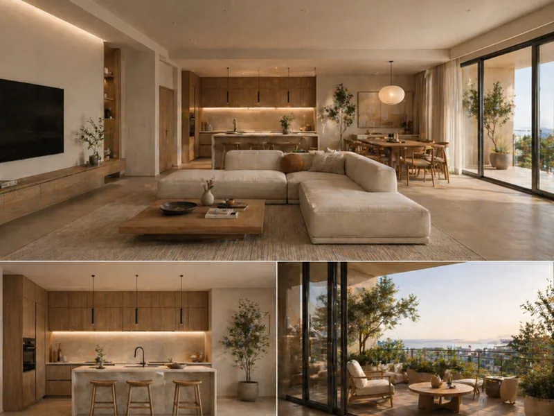 Japandi living room with low cream modular sofa, oak coffee table, oak dining table and terrace doors
