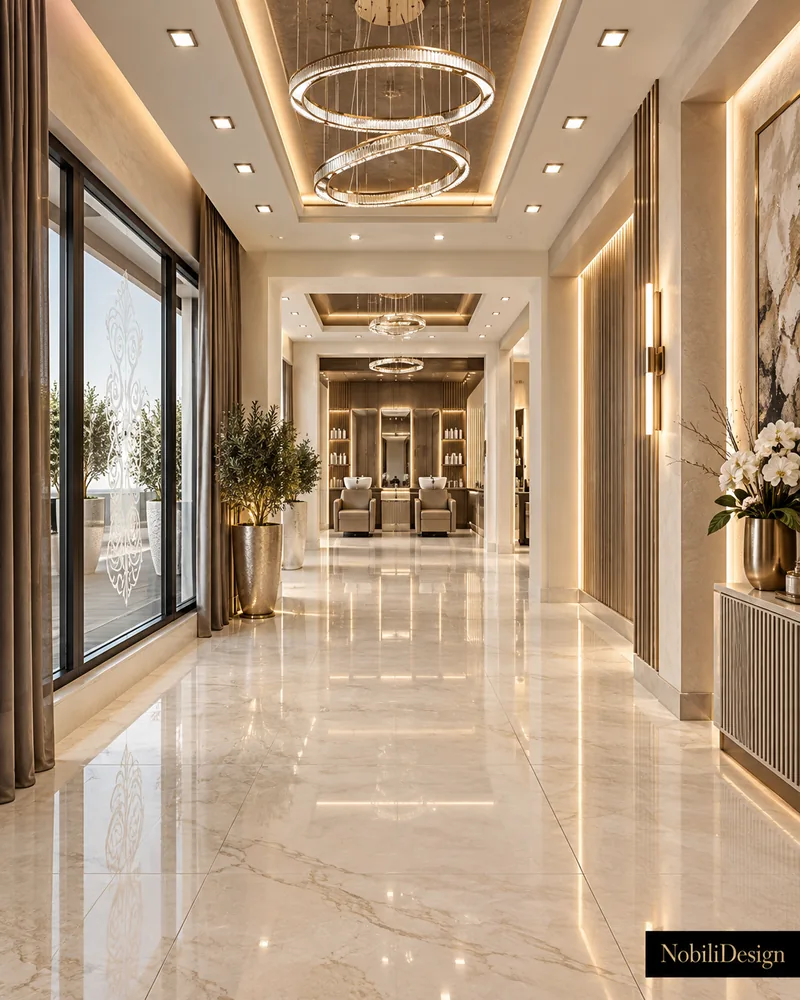 Entrance hallway with polished marble floor, ring crystal chandeliers, fluted wall panels and a view to the wash stations