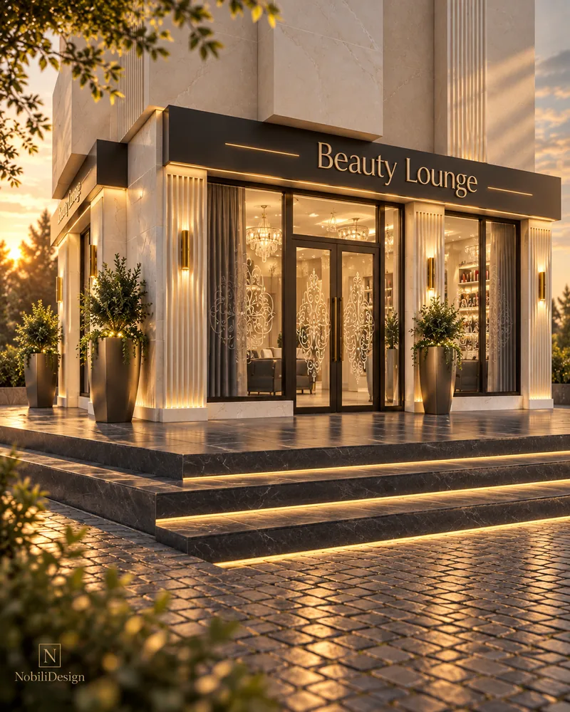 Facade of the beauty lounge at sunset with illuminated signage, stone steps with LED lines and potted shrubs by the doors